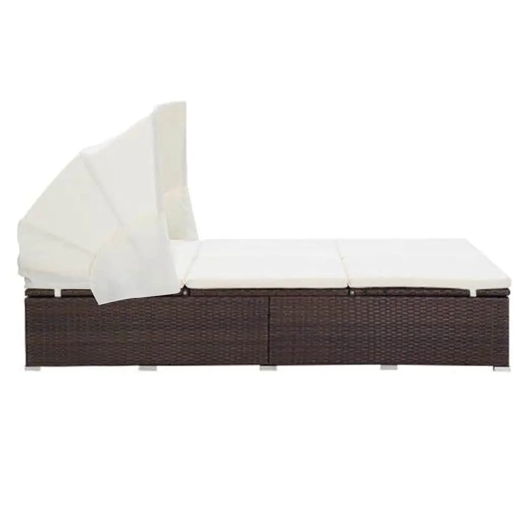 2-Person Sunbed Lounger for Relaxation Brown with Cushion Foldable Roof Outdoor Patio Garden