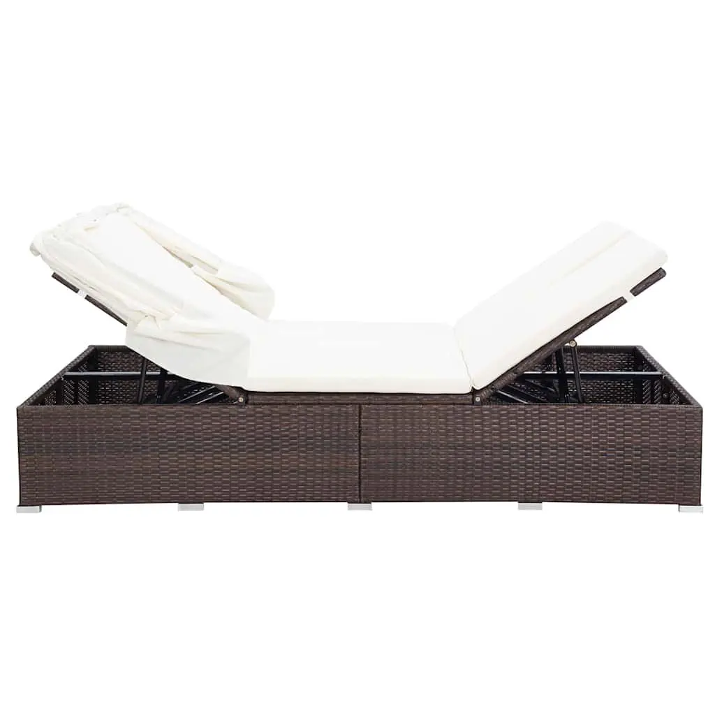 2-Person Sunbed Lounger for Relaxation Brown with Cushion Foldable Roof Outdoor Patio Garden