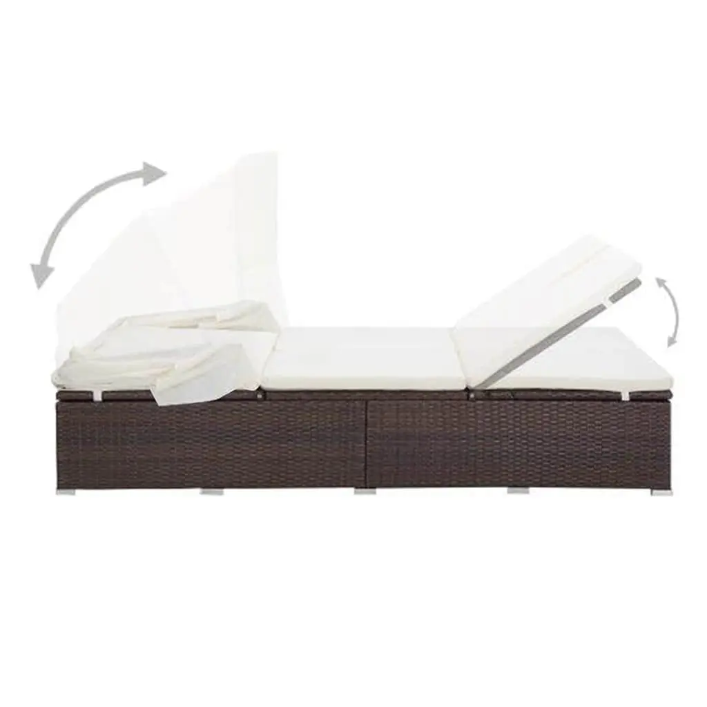 2-Person Sunbed Lounger for Relaxation Brown with Cushion Foldable Roof Outdoor Patio Garden
