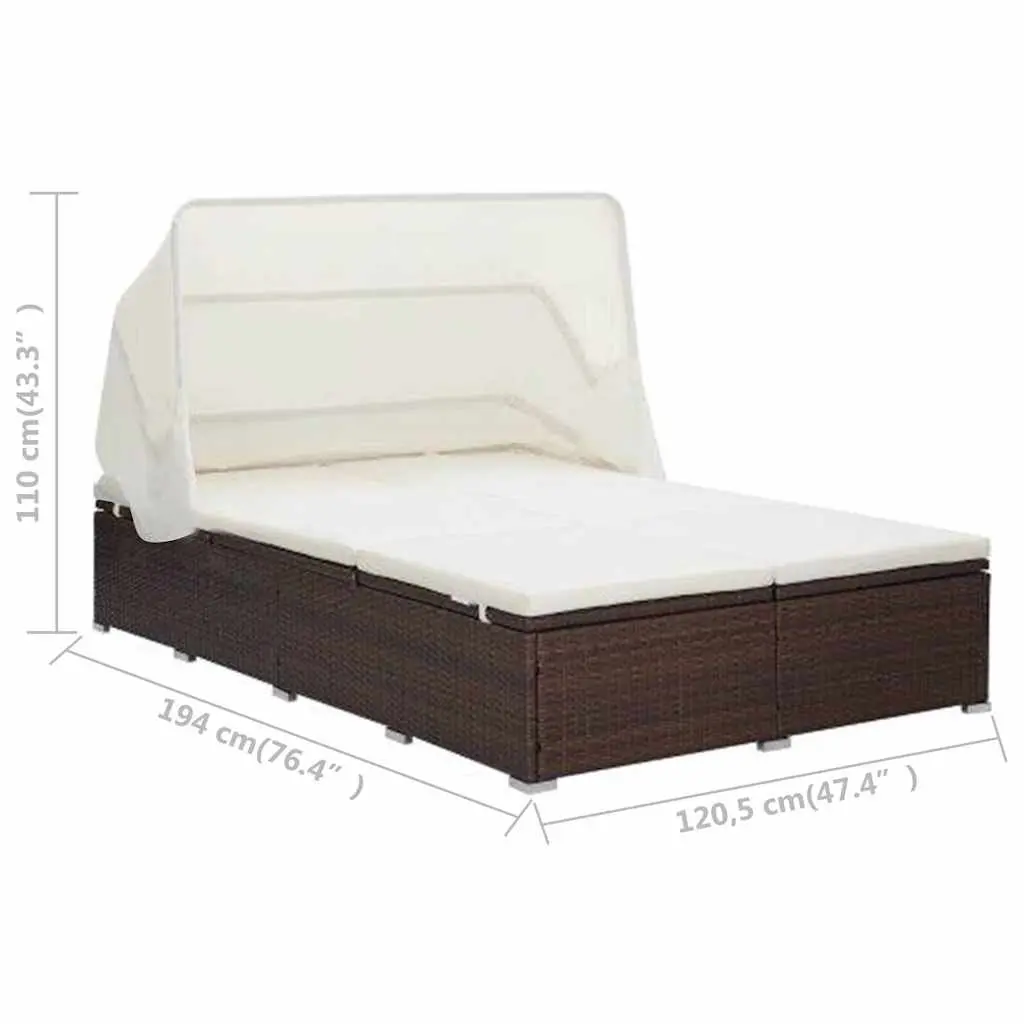 2-Person Sunbed Lounger for Relaxation Brown with Cushion Foldable Roof Outdoor Patio Garden