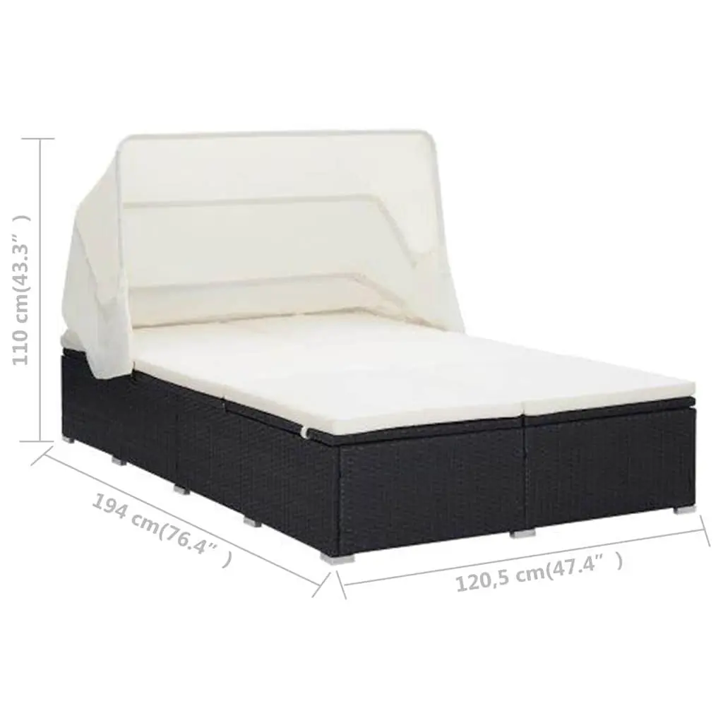 2-Person Sunbed Lounger Outdoor Relaxation Adjustable Black with Cushion Foldable Roof