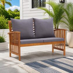 Outdoor Garden Bench 119cm Solid Wood Seat with Cushions Grey Backrest Armrests