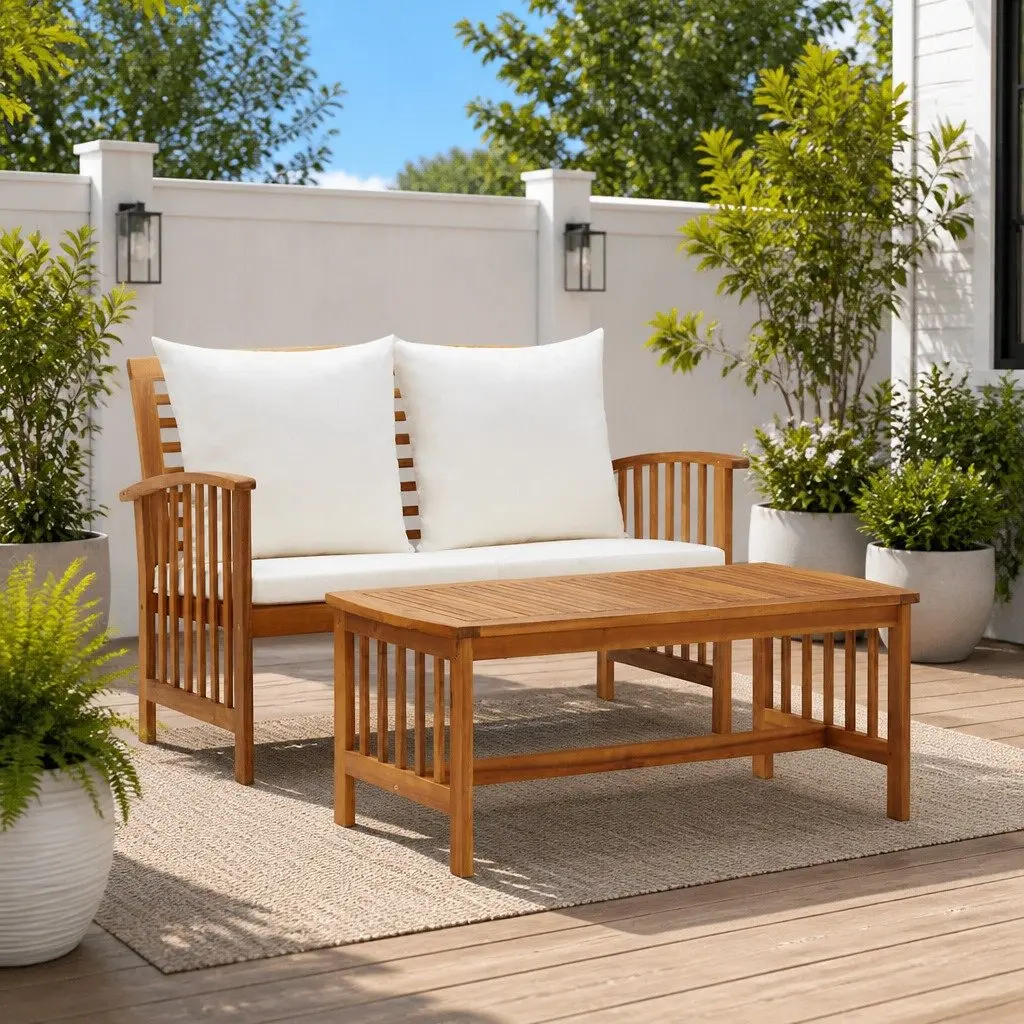 Garden Lounge Set 2 Piece Outdoor Furniture Bench Coffee Table Cushions White