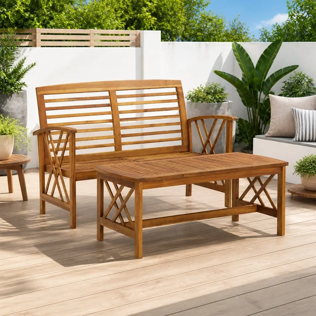 2 Piece Garden Lounge Set Outdoor Bench Coffee Table Brown