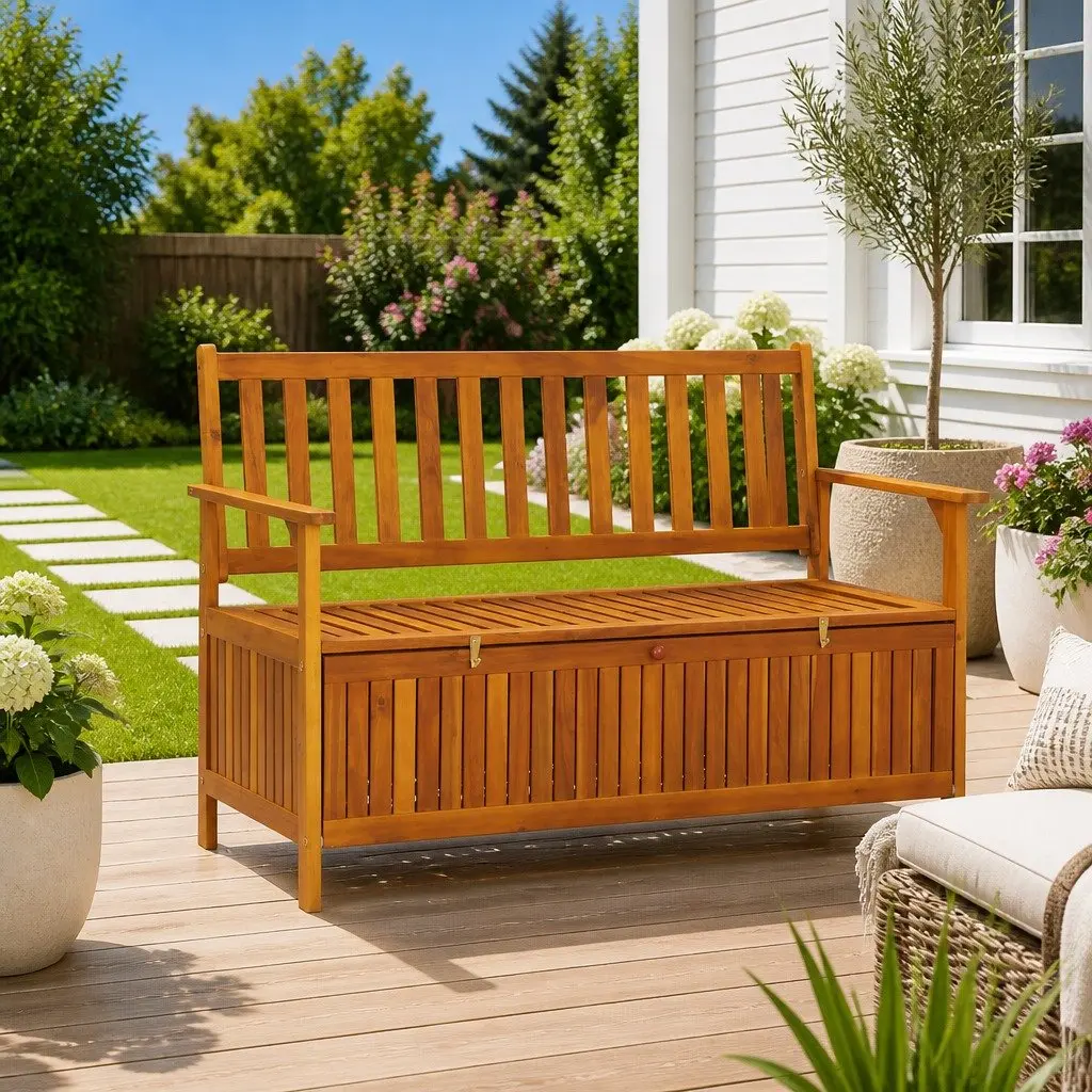 Outdoor Storage Bench 120cm Garden Seating Backrest Armrests Wooden Seat Box