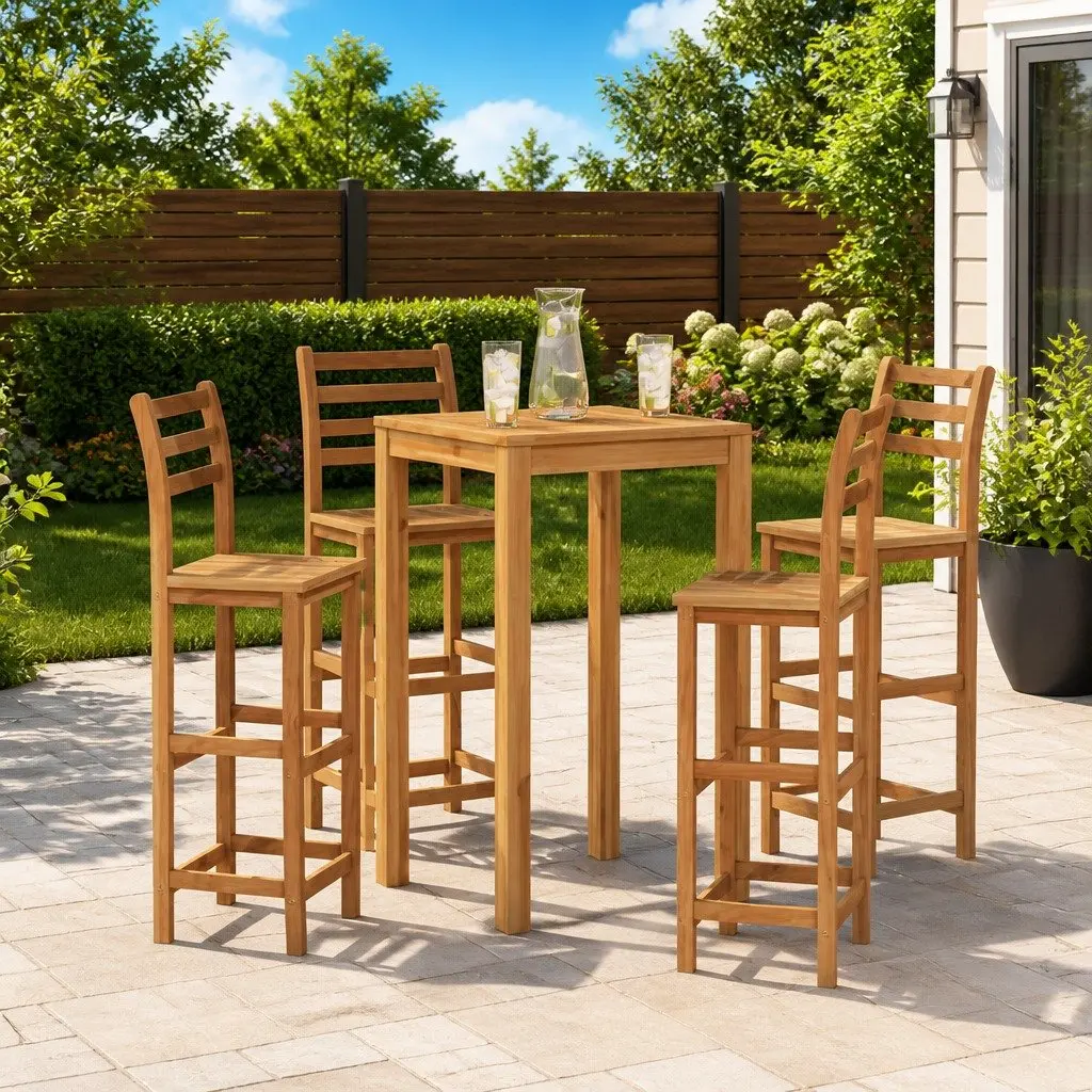 Solid Acacia Wood Bar Stools Set of 4 Indoor Outdoor Seating Kitchen Dining