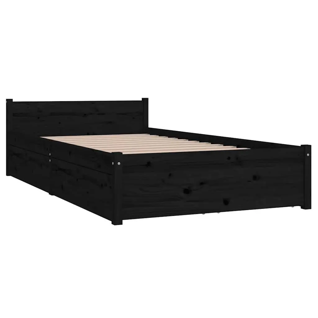 Black Wooden Bed Frame Single 90x190 cm with Storage Drawers