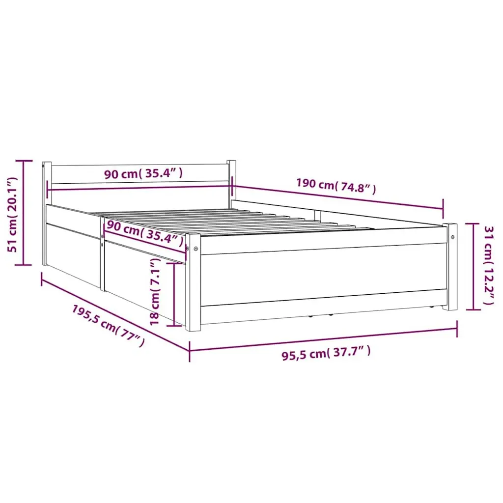Black Wooden Bed Frame Single 90x190 cm with Storage Drawers