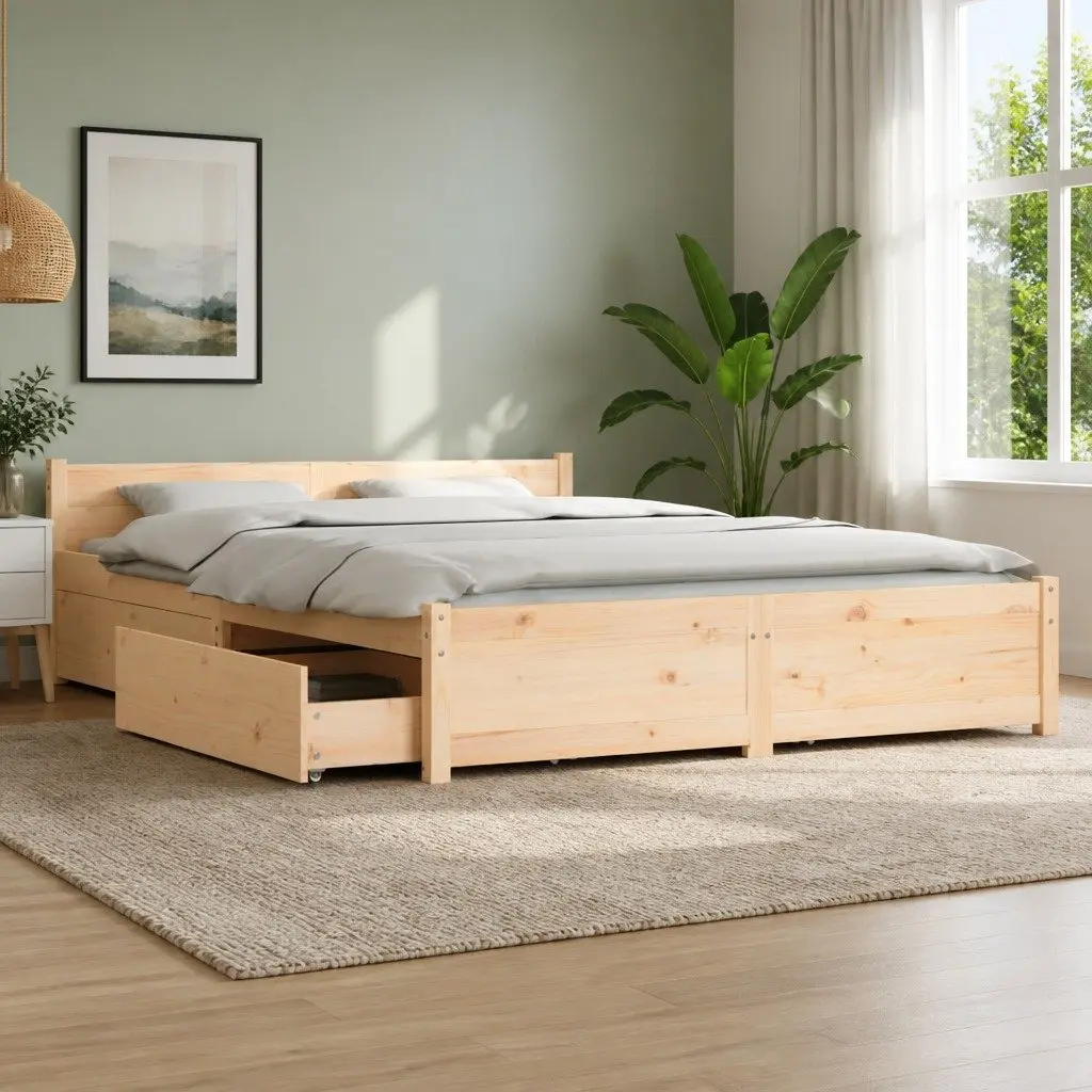 Wooden Bed Frame with Storage Drawers 135x190cm Brown