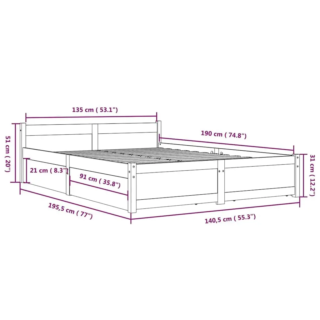 Wooden Bed Frame with Storage Drawers 135x190cm Brown