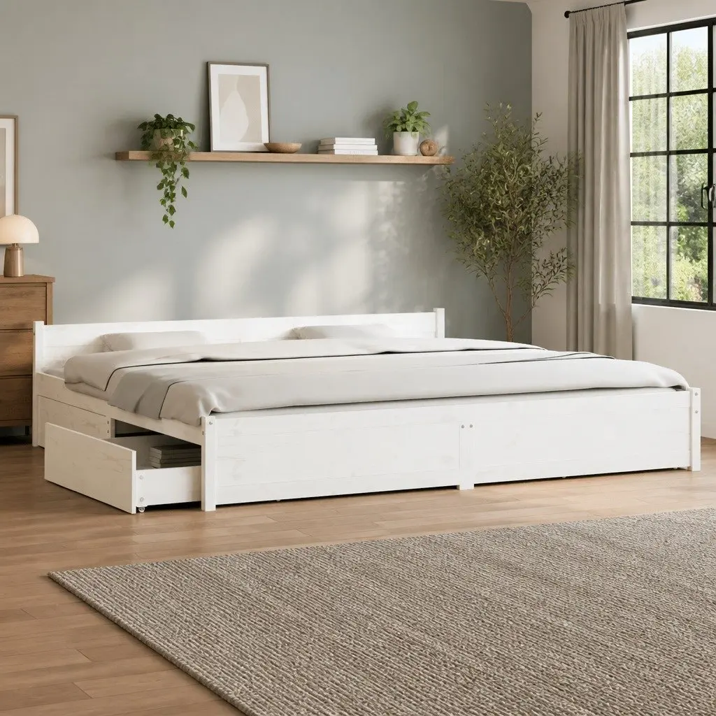 King Bed Frame with Storage Drawers Wooden Slats White 183x203 cm Modern