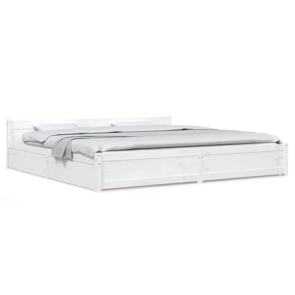 King Bed Frame with Storage Drawers Wooden Slats White 183x203 cm Modern