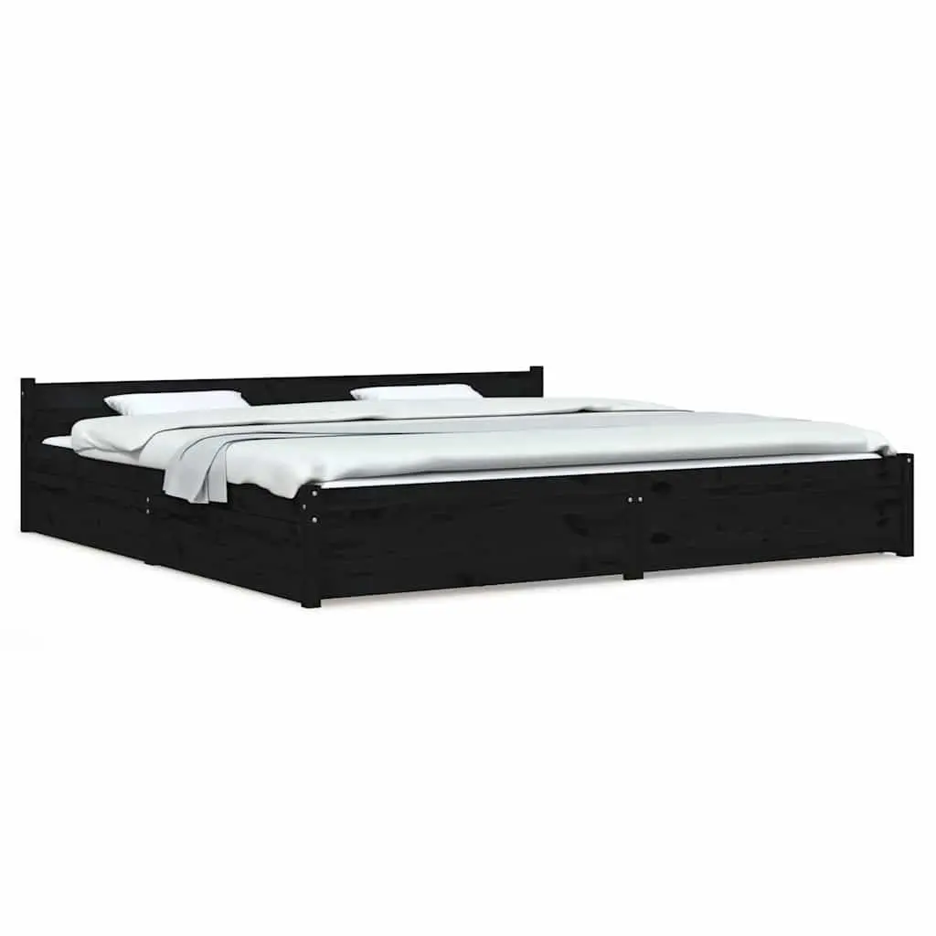 King Bed Frame with Storage Drawers Wooden Slats Black 183x203 cm Bedroom