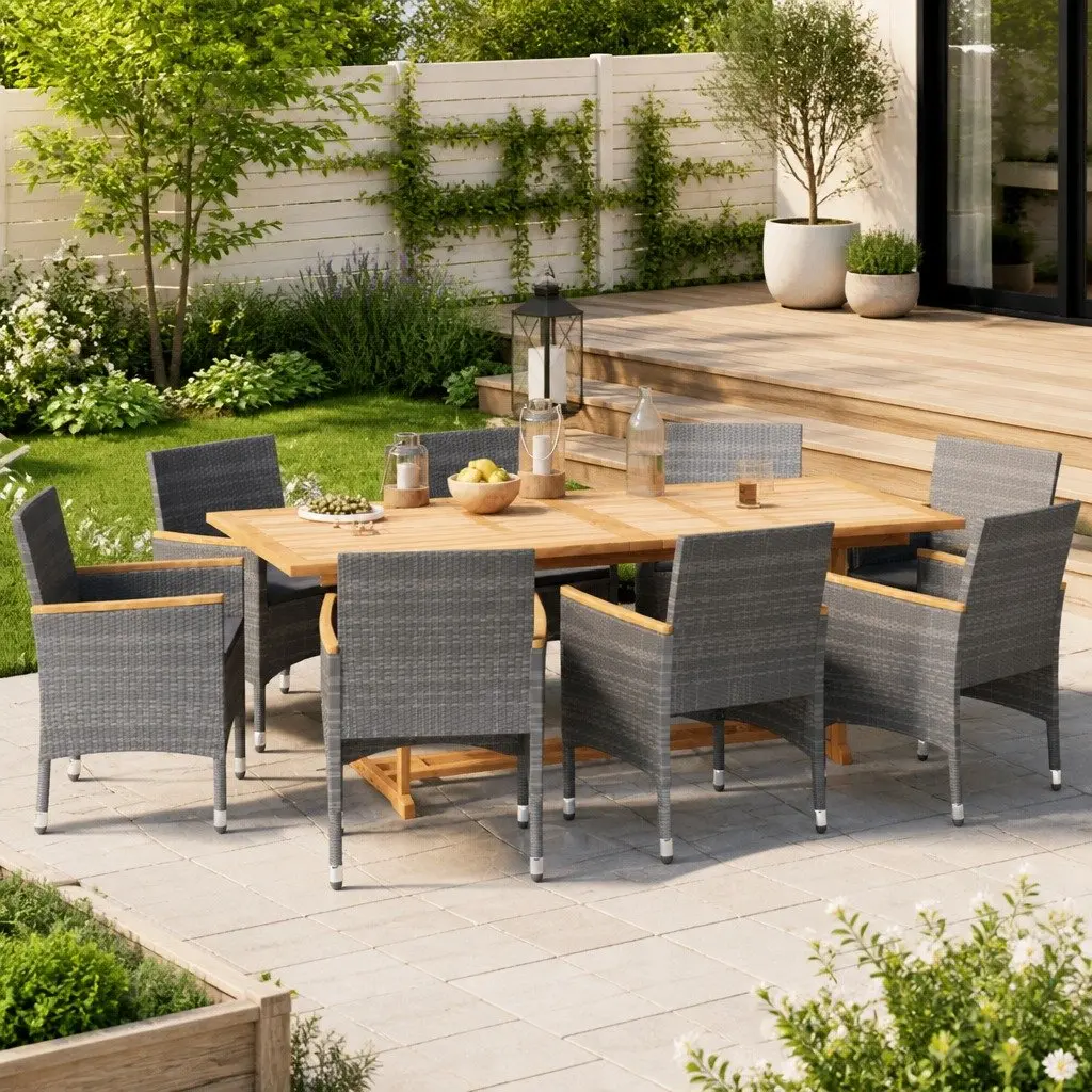 Garden Dining Set 9 Piece Outdoor Furniture Table Chairs with Cushions Grey