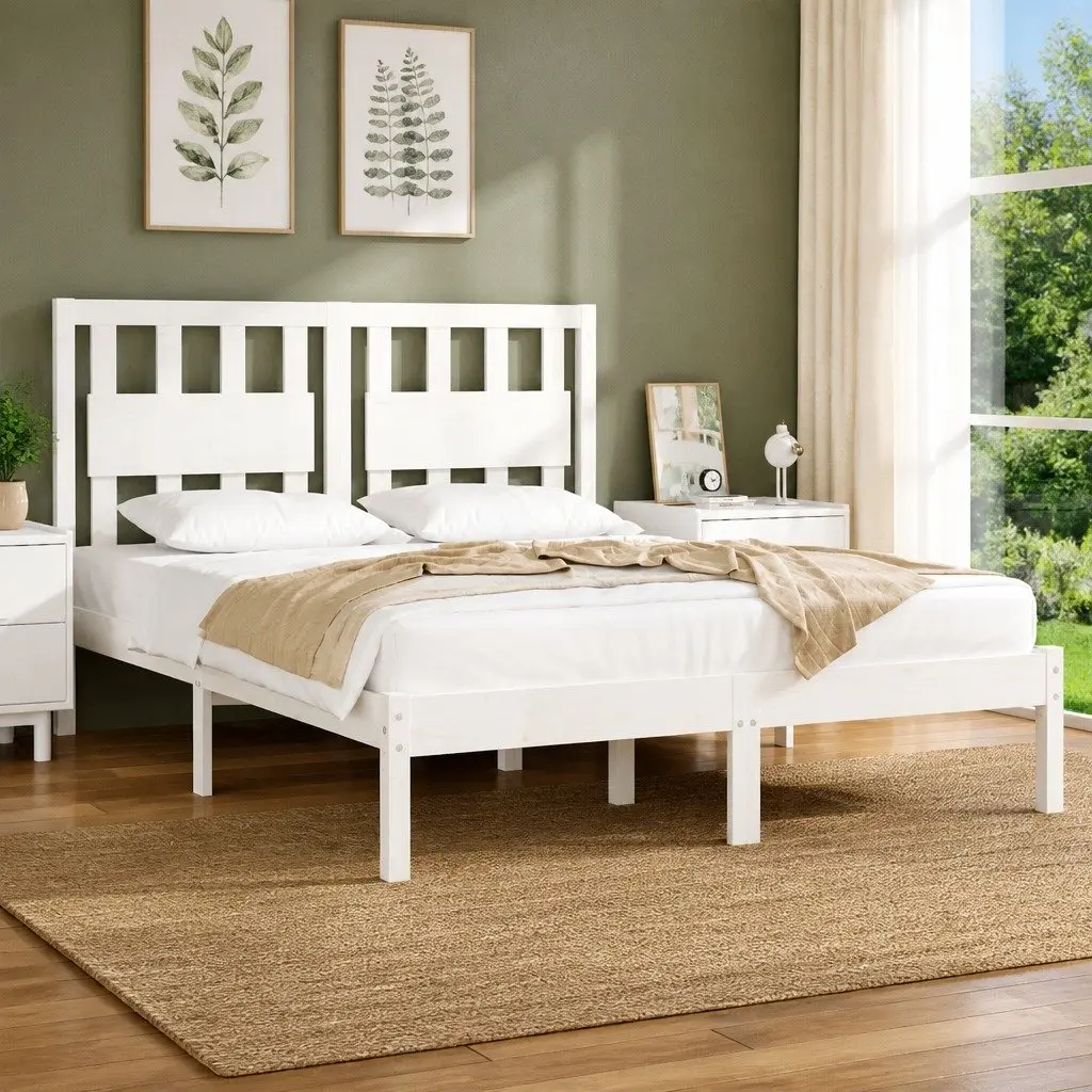 Bed Frame White Solid Wood 135x190 cm Wooden Bedroom Furniture without Mattress