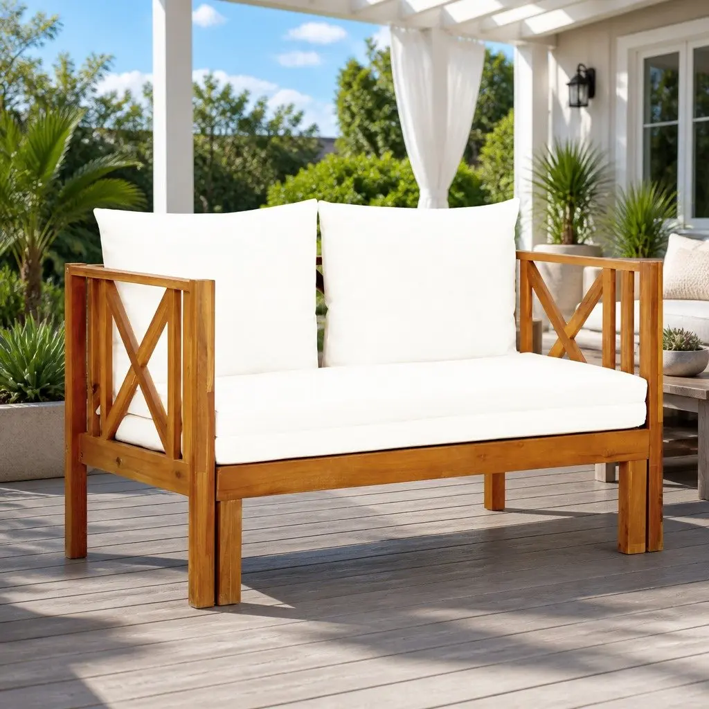 2-Seater Garden Bench Daybed Solid Acacia Wood Outdoor Indoor Seating Cream