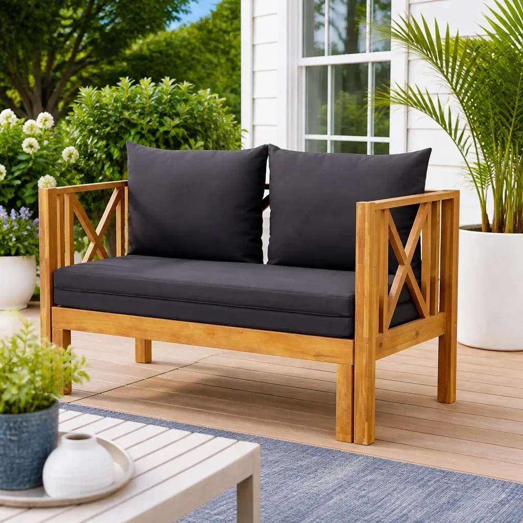 2-Seater Garden Bench Indoor Outdoor Daybed Solid Acacia Wood Grey with Cushions