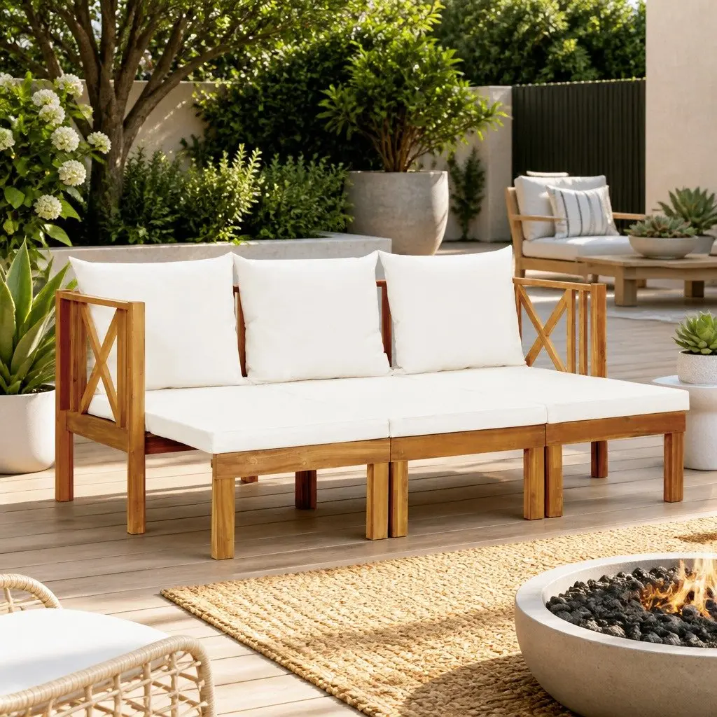 Garden Bench Cream Cushions 179cm Outdoor Indoor Solid Acacia Wood Convertible Daybed