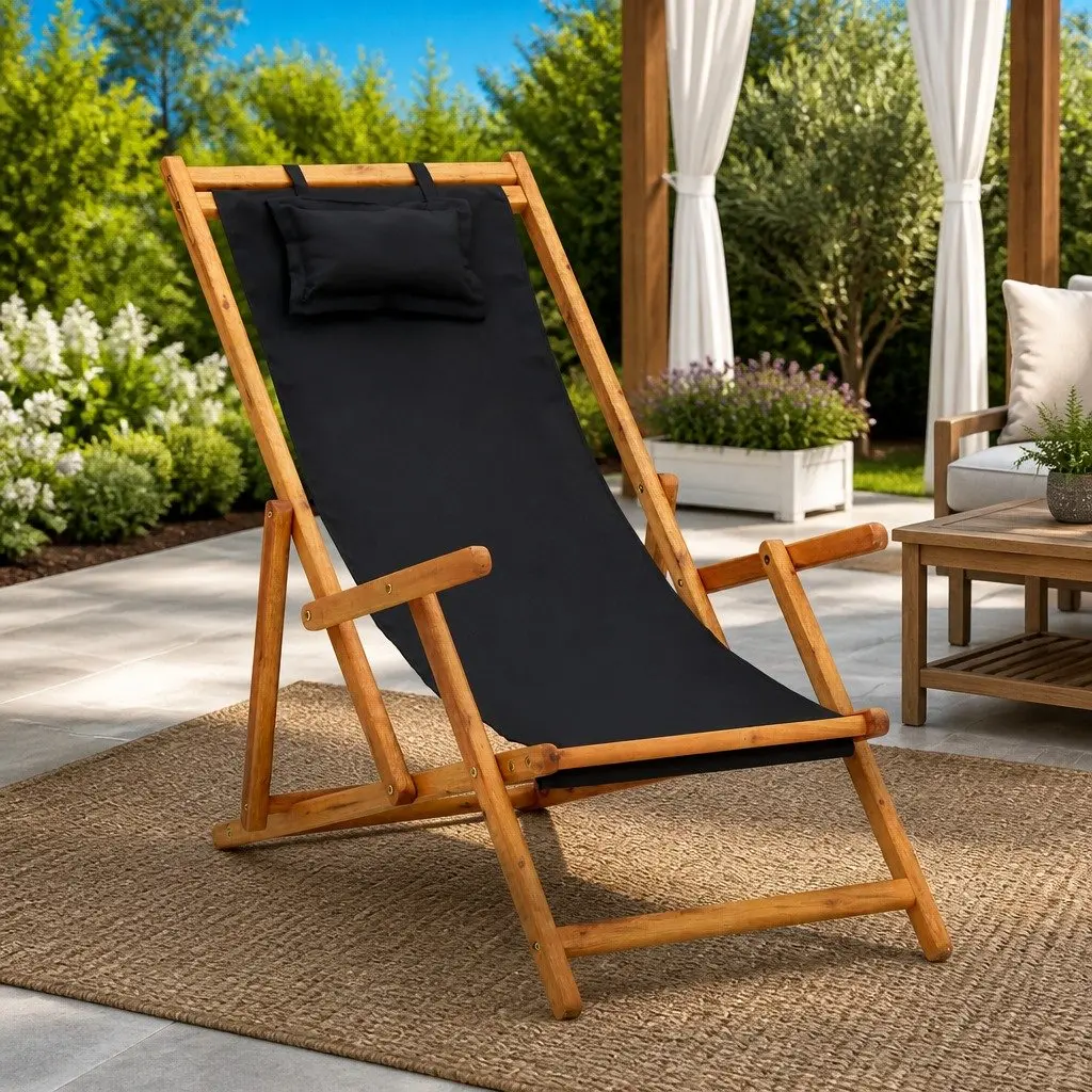 Folding Beach Chair Outdoor Reclining Lounge Seat Black