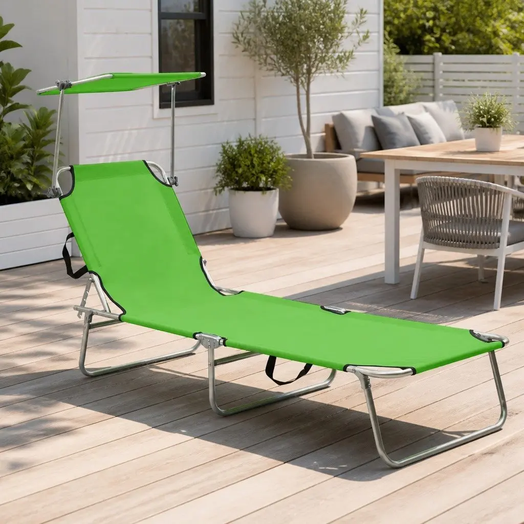Sun Lounger Adjustable Backrest Folding Steel Outdoor Daybed Green