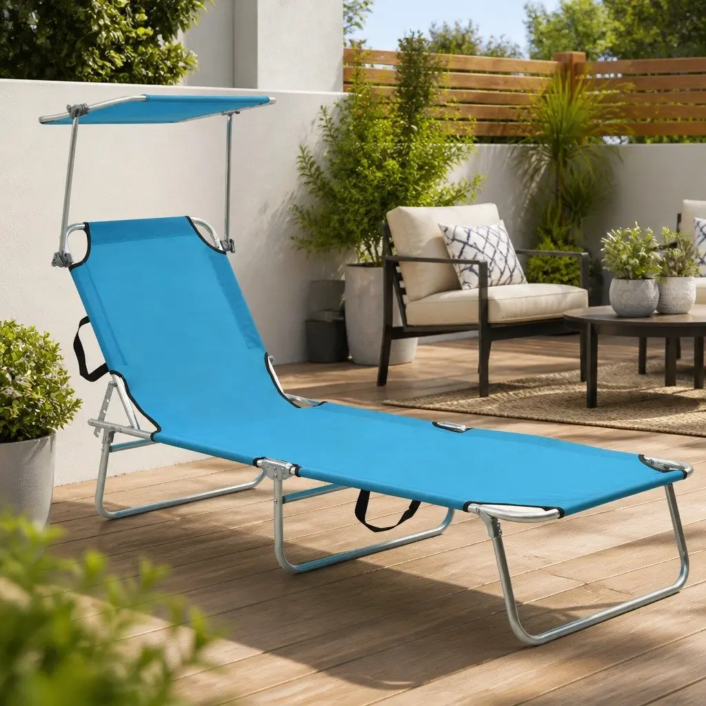 Folding Sun Lounger Adjustable Canopy Steel Frame Outdoor Sunbed Turquoise