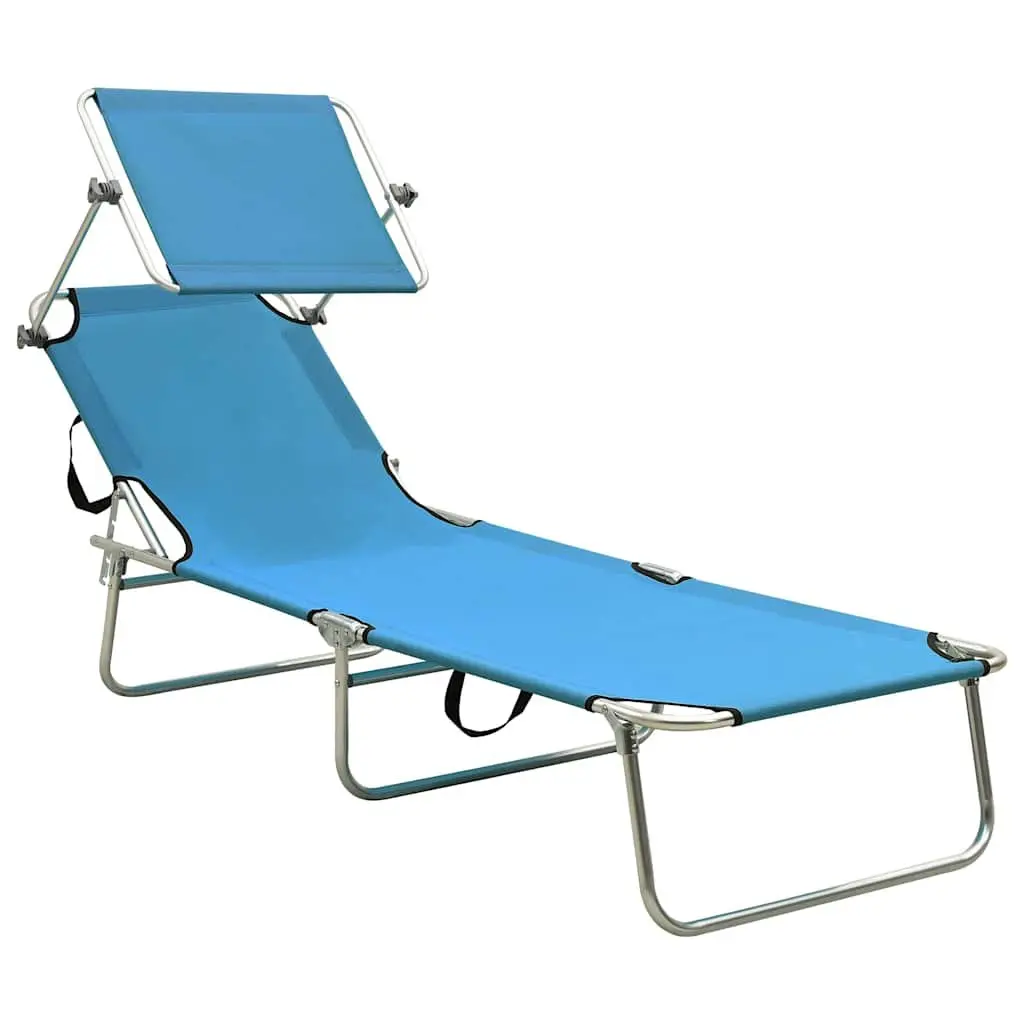 Folding Sun Lounger Adjustable Canopy Steel Frame Outdoor Sunbed Turquoise