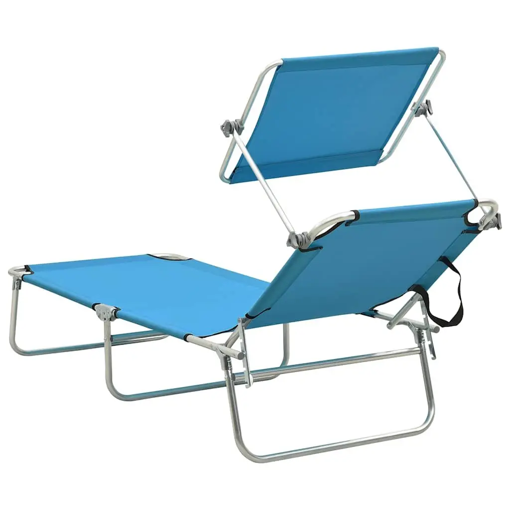 Folding Sun Lounger Adjustable Canopy Steel Frame Outdoor Sunbed Turquoise