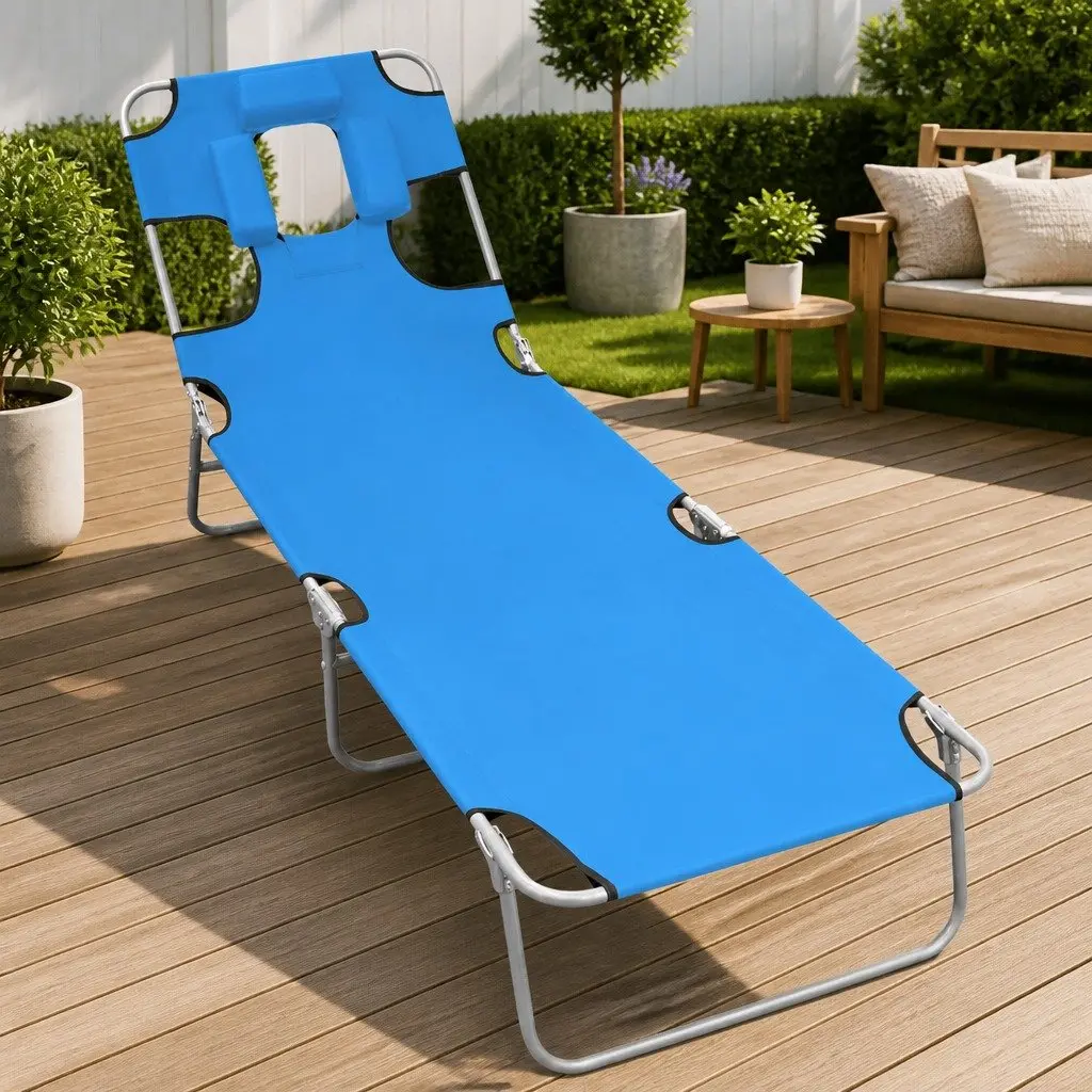 Folding Sun Lounger Adjustable Backrest Head Cushion Garden Beach Daybed Chair