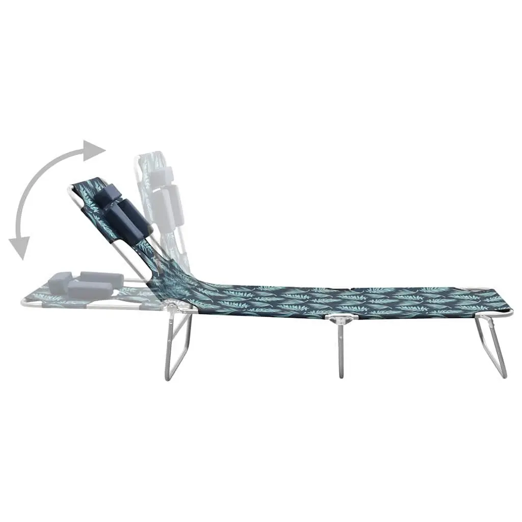Folding Sun Lounger Adjustable Backrest Head Cushion Garden Beach Green with Leaves Print