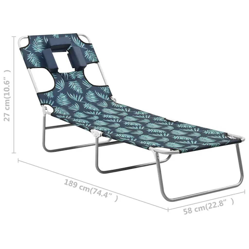 Folding Sun Lounger Adjustable Backrest Head Cushion Garden Beach Green with Leaves Print