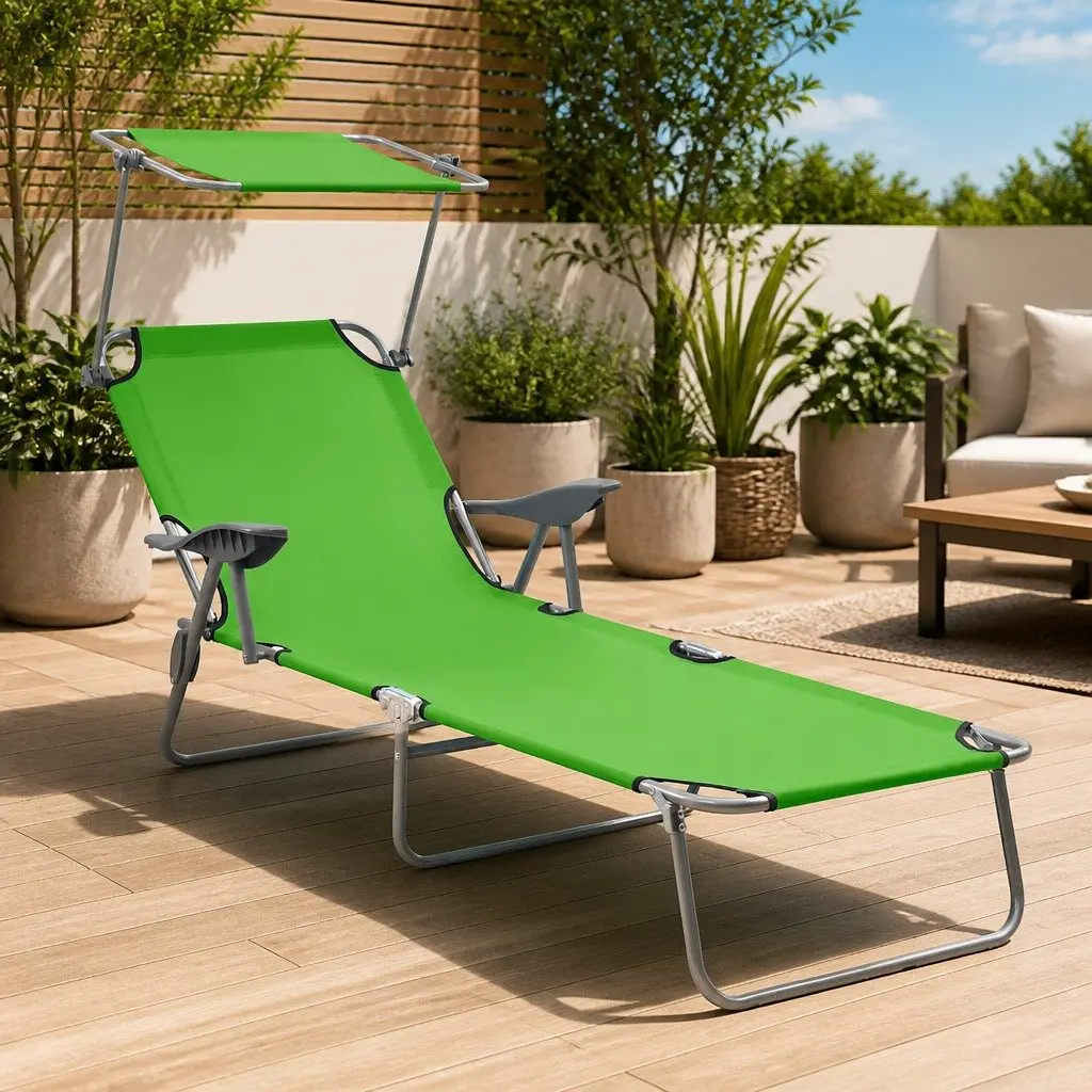 Sun Lounger with Canopy Adjustable Backrest Foldable Beach Lounge Chair Green