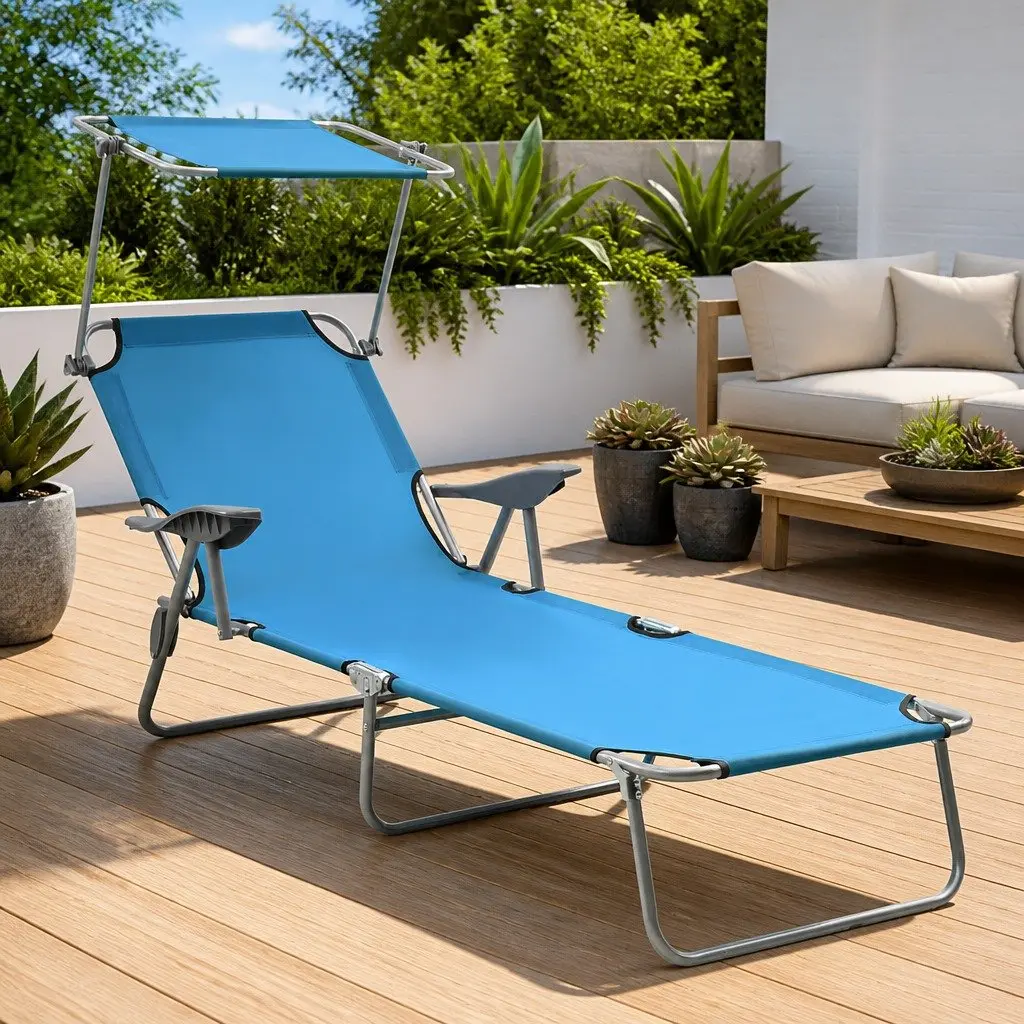 Sun Lounger with Canopy Adjustable Backrest Foldable Beach Bed Garden Outdoor