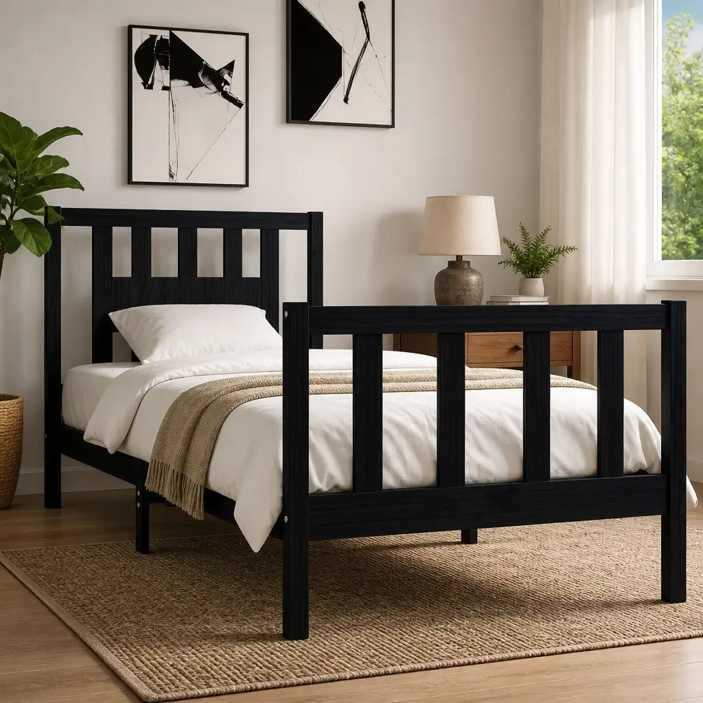 Solid Wood Bed Frame Black 90x190 cm Single Bedroom Furniture Wooden Slat Base