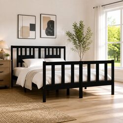 Comfortable Black Solid Wood Bed Frame 135x190 cm