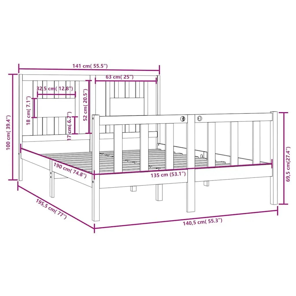 Black Solid Wood Bed Frame 135x190 cm