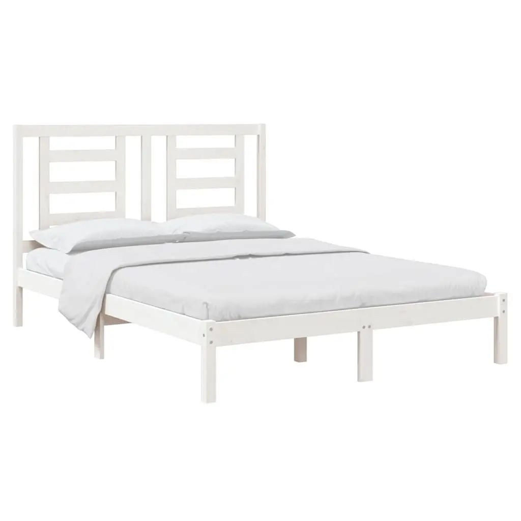 Bed Frame White 150x200 cm Solid Pine Wood Headboard Modern Bedroom Furniture