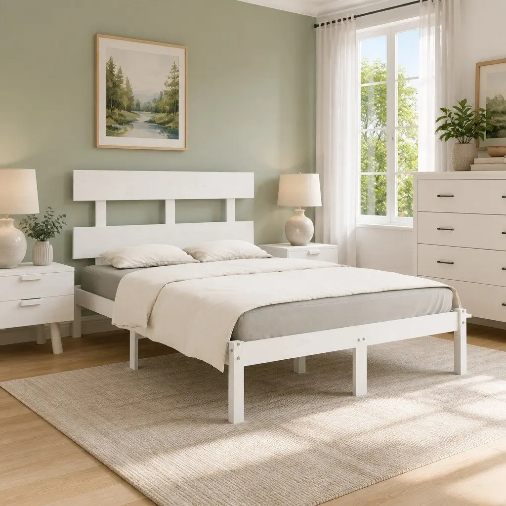 King Bed Frame White Solid Pine Wood 183x203 cm Bedroom Furniture Headboard