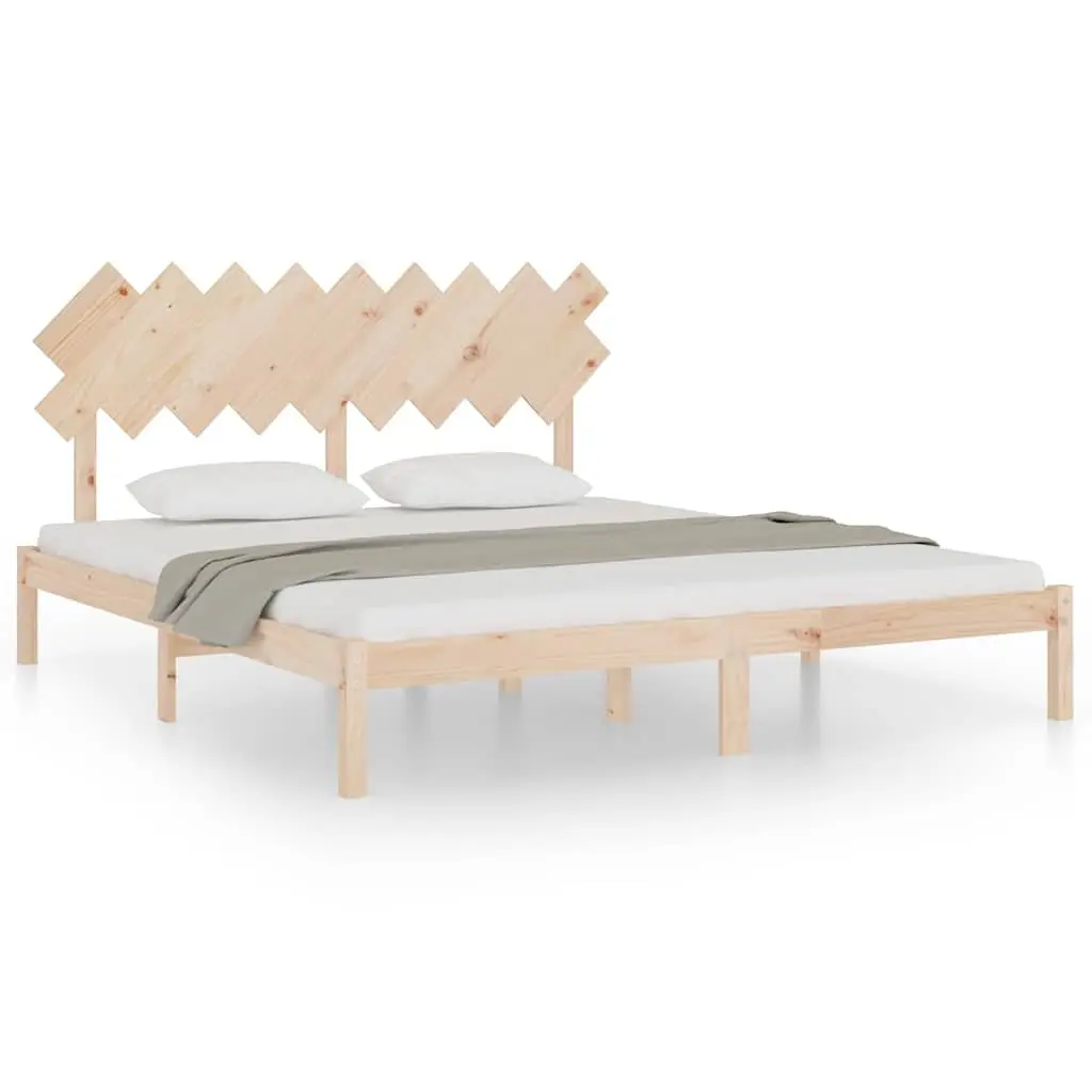 King Bed Frame Solid Pine Wood Slats Headboard 183x203cm Brown