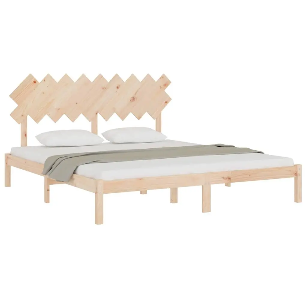 King Bed Frame Solid Pine Wood Slats Headboard 183x203cm Brown