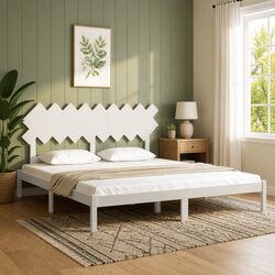King Bed Frame White Solid Pine Wood 183x203 cm Bedroom Furniture Headboard