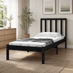 Bed Frame Single 90x190 cm Solid Pine Wood Black Bedroom Furniture Slats
