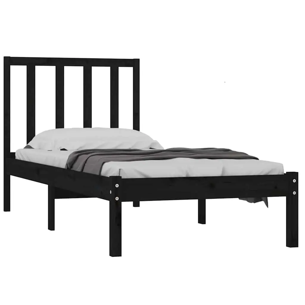 Bed Frame Single 90x190 cm Solid Pine Wood Black Bedroom Furniture Slats
