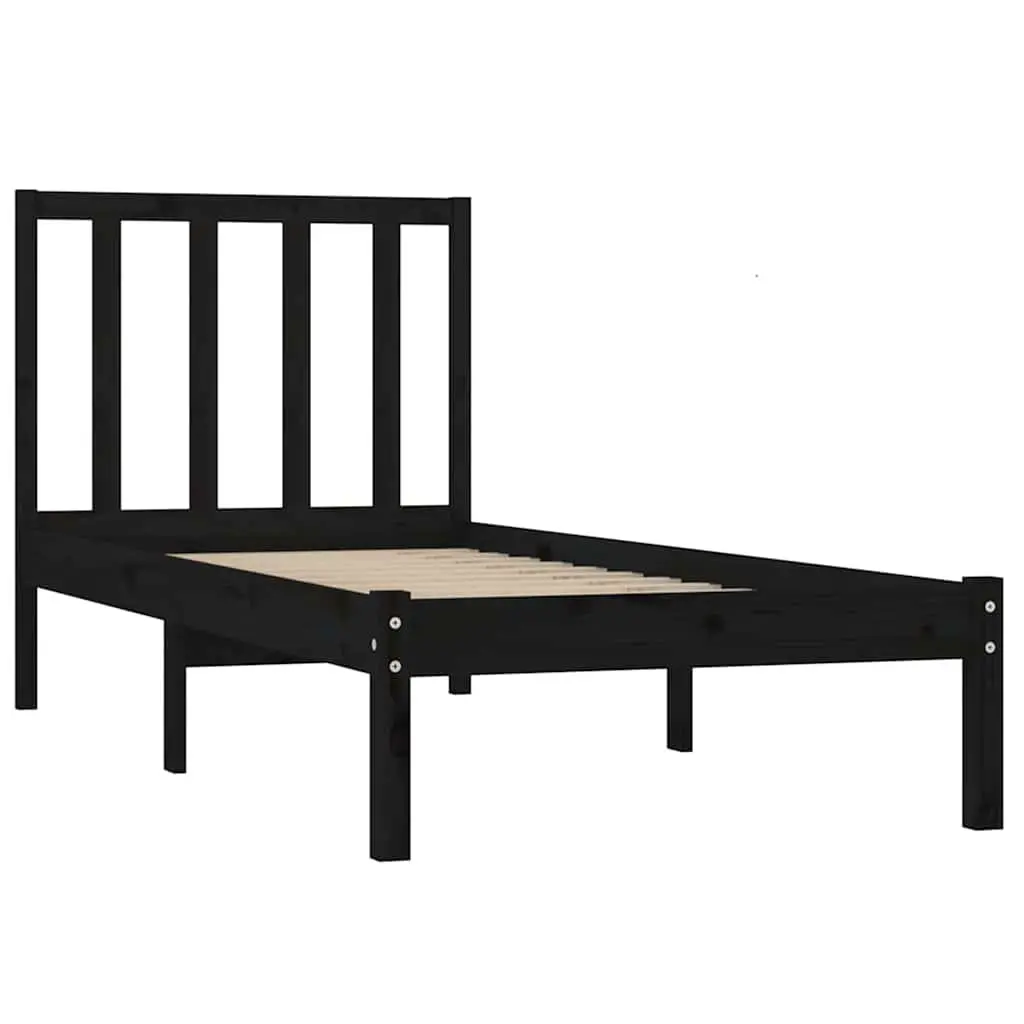 Bed Frame Single 90x190 cm Solid Pine Wood Black Bedroom Furniture Slats