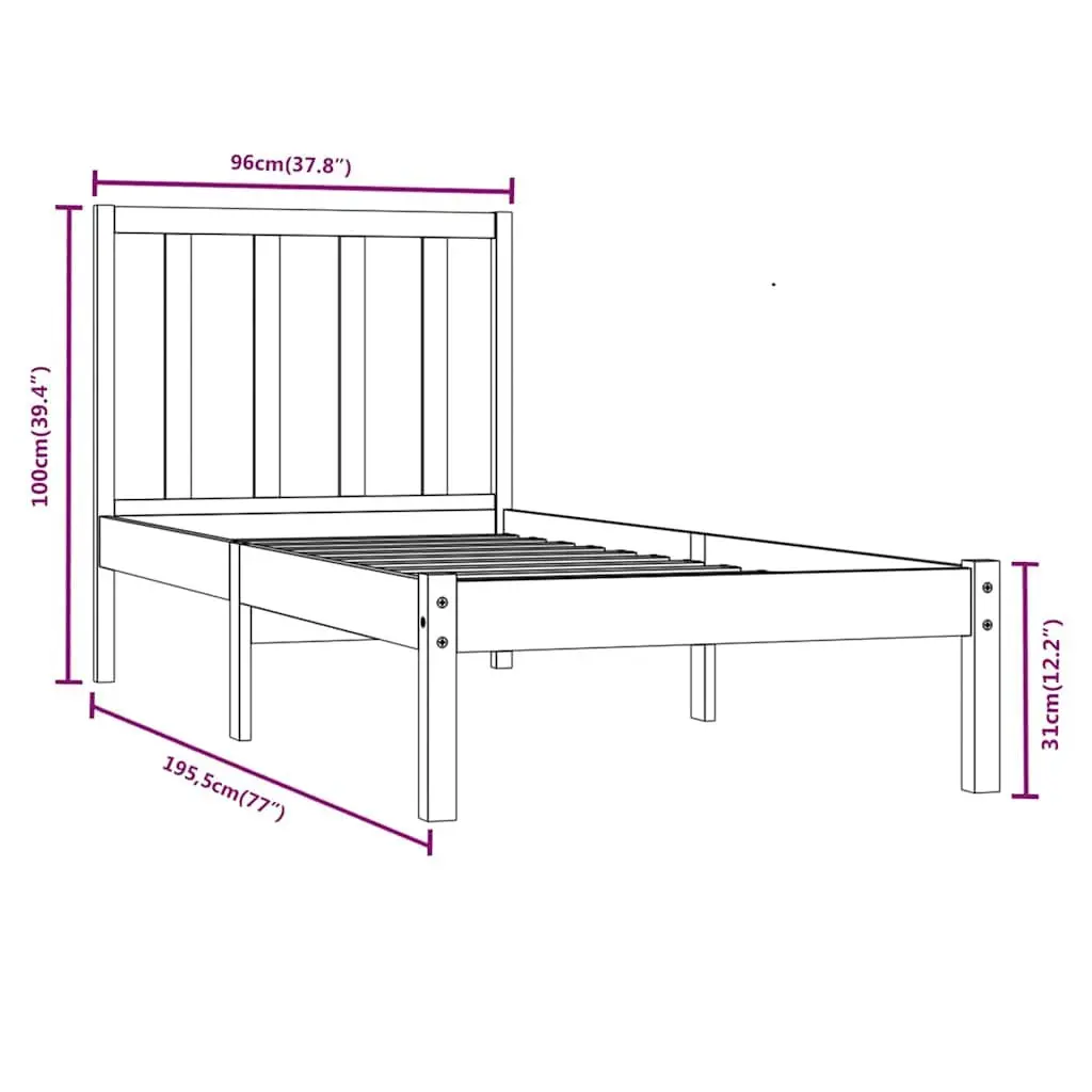 Bed Frame Single 90x190 cm Solid Pine Wood Black Bedroom Furniture Slats