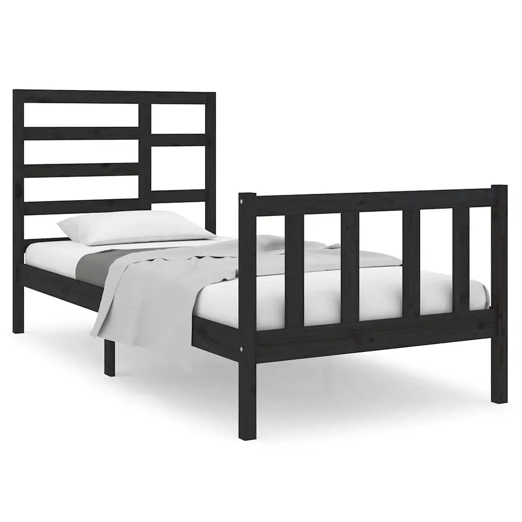 Single Bed Frame Solid Wood 90x190cm Black Wooden Headboard Footboard