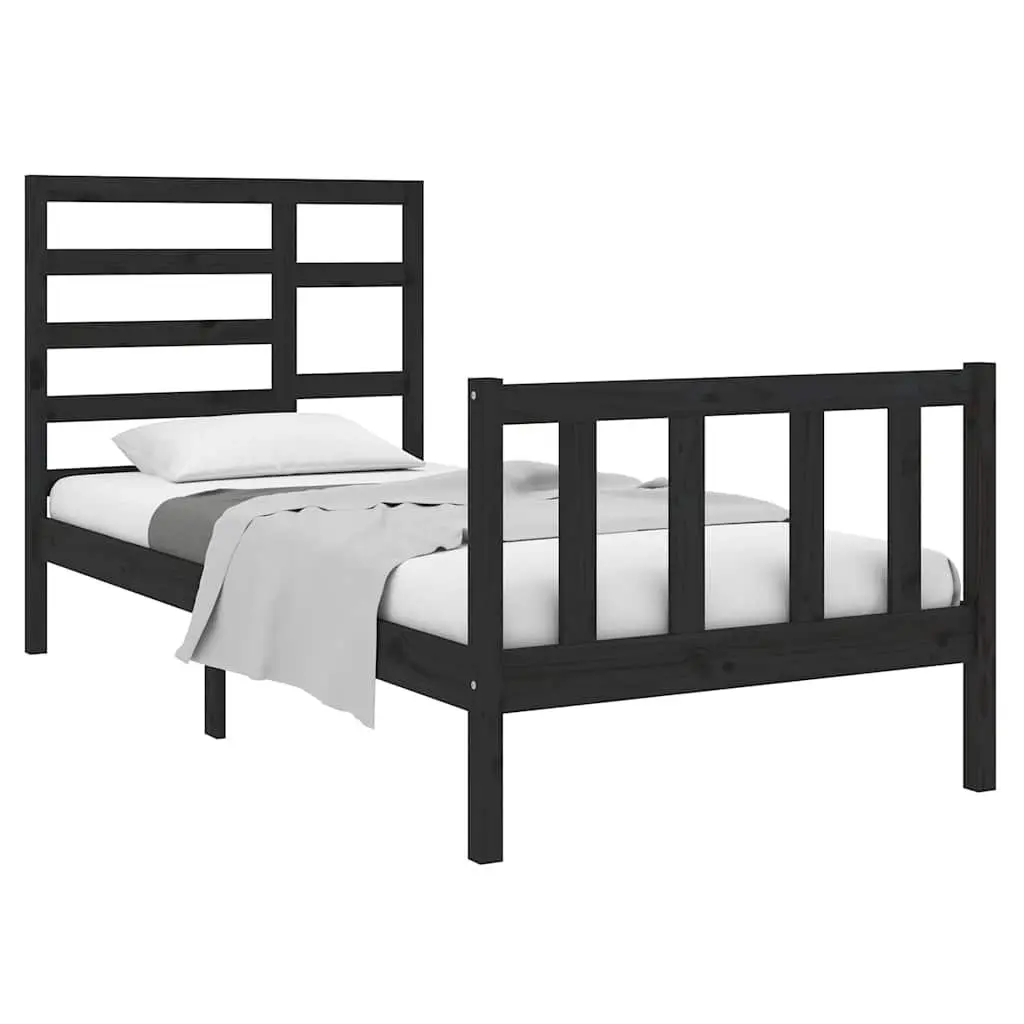 Single Bed Frame Solid Wood 90x190cm Black Wooden Headboard Footboard