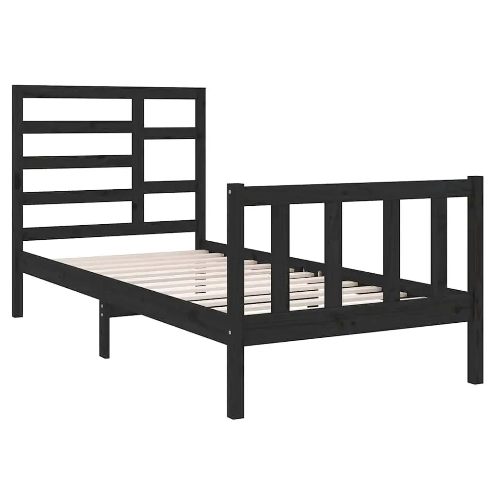 Single Bed Frame Solid Wood 90x190cm Black Wooden Headboard Footboard