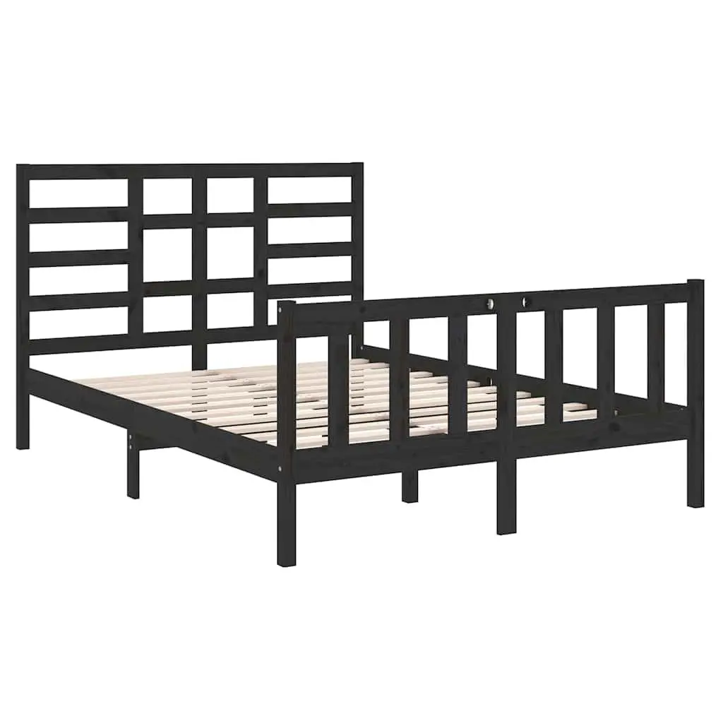 Bed Frame 135x190 cm Black Solid Wood Bedroom Furniture with Headboard Footboard