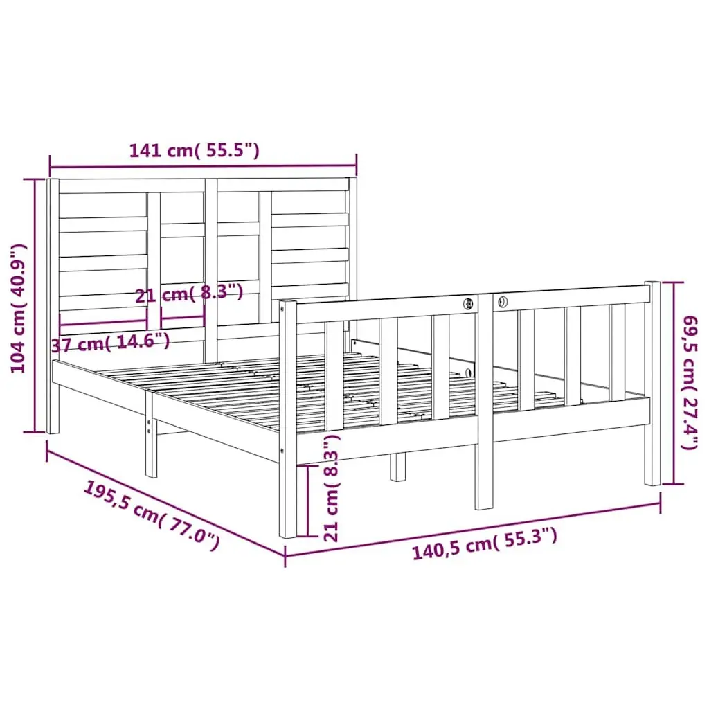 Bed Frame 135x190 cm Black Solid Wood Bedroom Furniture with Headboard Footboard