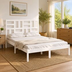 Bed Frame White Solid Wood 135x190 cm Modern Bedroom Furniture Wooden Slats
